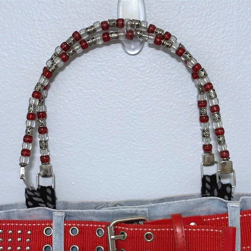 Handmade Upcycled Denim Jean Bag Red Studded Belt‎ Beaded Handles Heart Charm